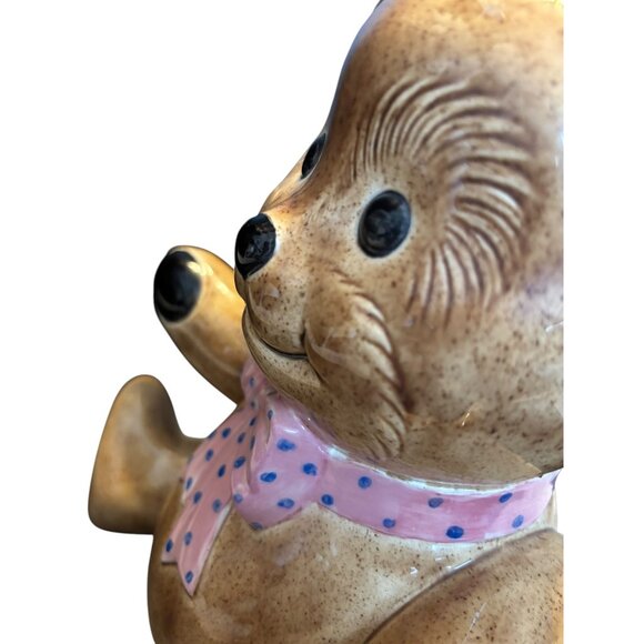 Vintage Ceramic Brown Teddy Bear Bank / Decoration Pink Bow 11" - Picture 7 of 9